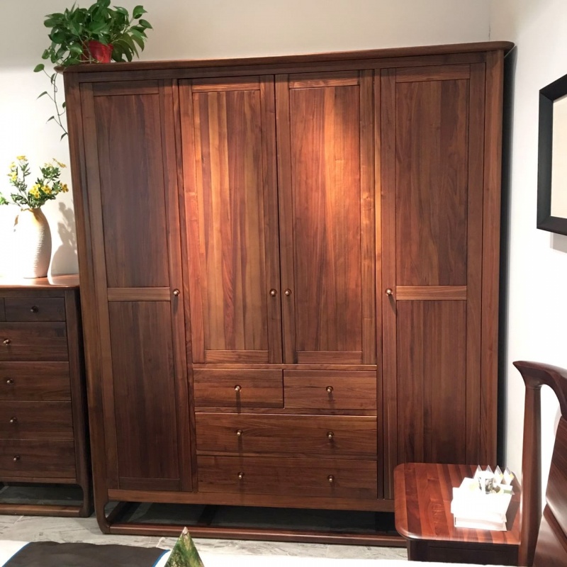 柏森实木四门衣柜黑胡桃木四门衣柜现代简约实木四门衣柜送终身售后