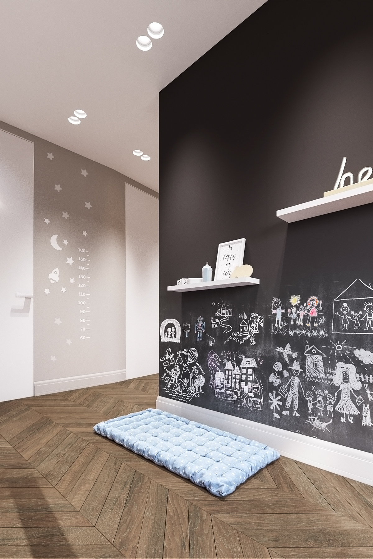 儿童房的一面墙被做成了黑板,方便孩子在上边写写画画,发挥自己的想象